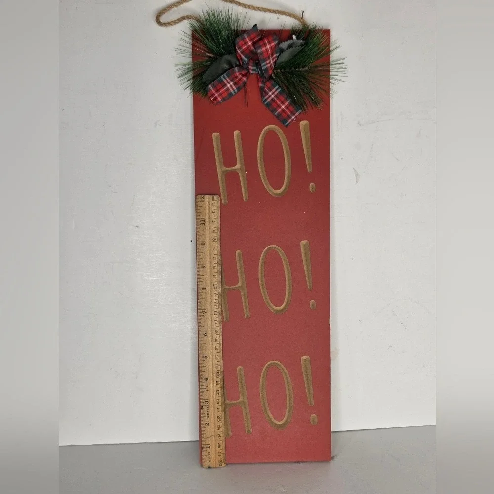 Red Ho Ho Ho Wooden Holiday Wall Hanging Sign Red‎ Buffalo Check Bow